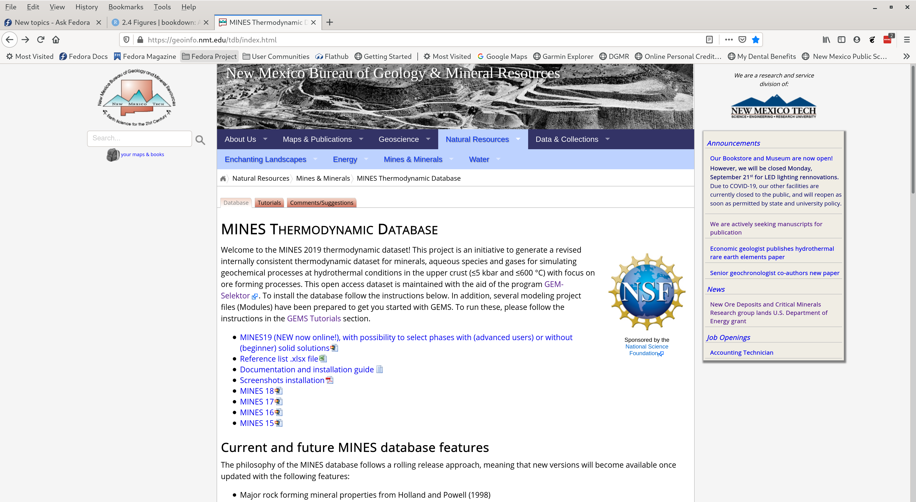 The MINES thermodynamic database webpage and files to download. Select the weblink for MINES19.