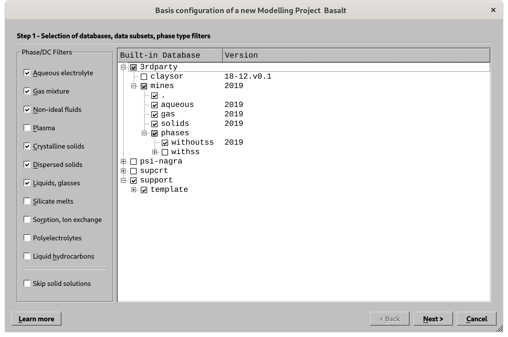 Select 3rdparty/mines and support, and for phases select only withoutss. Note that we recommend only advanced users to choose withss; the expanded tab shows pure for endmembers and ss for different solid solution endmembers