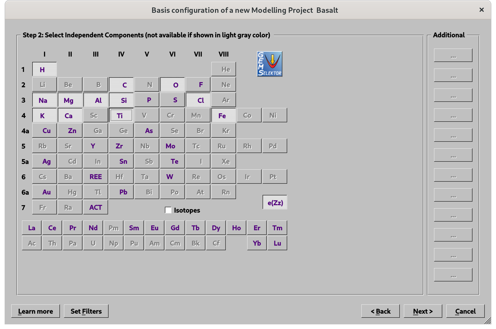 Select here the composition of the system. All phases containing these elements will automatically be loaded from the MINES database into your project.