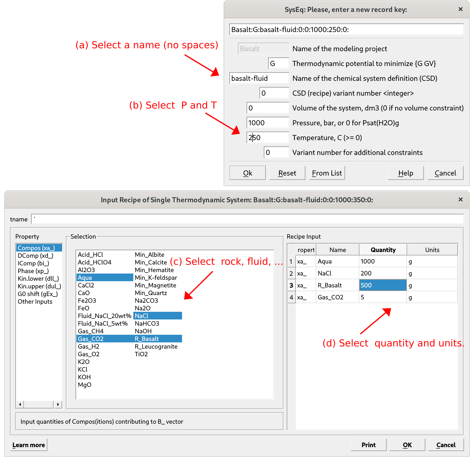 GEM-Selektor user interface showing the windows to create a new equilibrium system and define pressure (P) and temperature (T) for our first calculation.