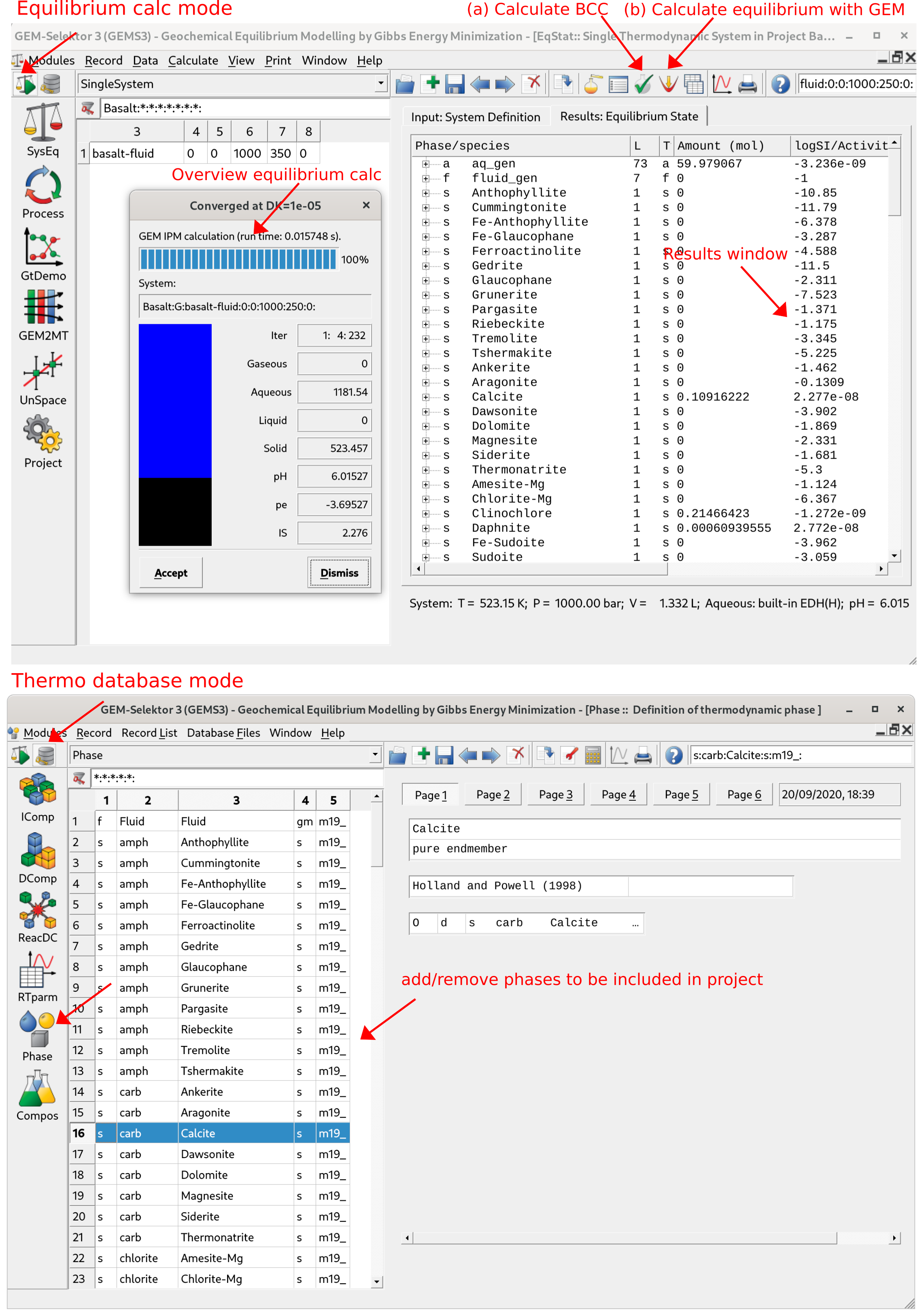 GEM-Selektor user interface showing how to `Calculate BCC` followed by `Calculate equilibrium with GEMS`. Also shown are the `Equilibrium Calculation` mode and the `Thermodynamic database` mode, where you can inspect the MINES database.