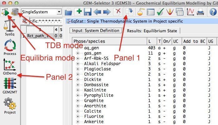 GEMS user interface showing the `Equilibria Calculation` and `Thermodynamic Database` modes.