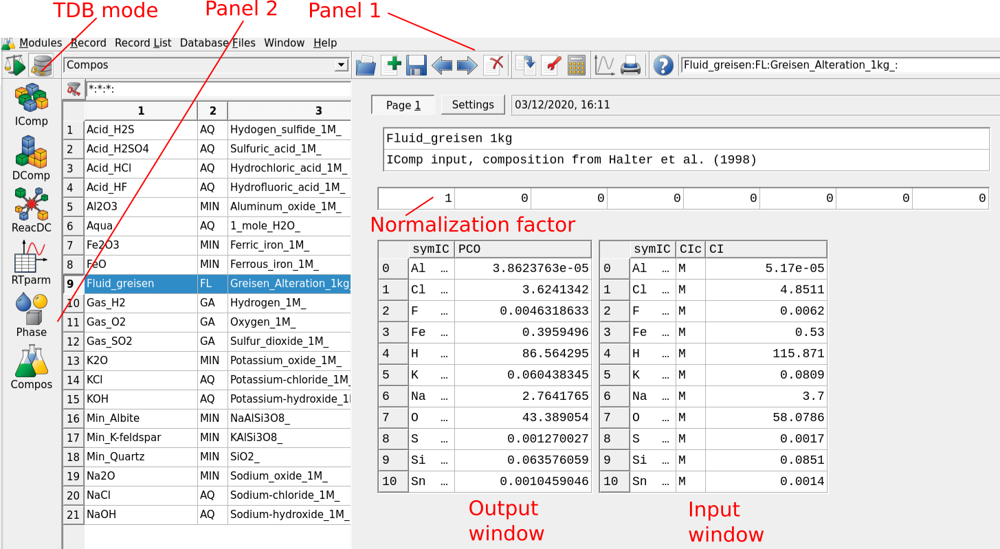 GEMS user interface in Thermodynamic Database Mode. For adding a fluid or a rock choose Compos in Panel 2. For adding a mineral and/or aqueous species to your database choose DComp or ReacDC in Panel 2.