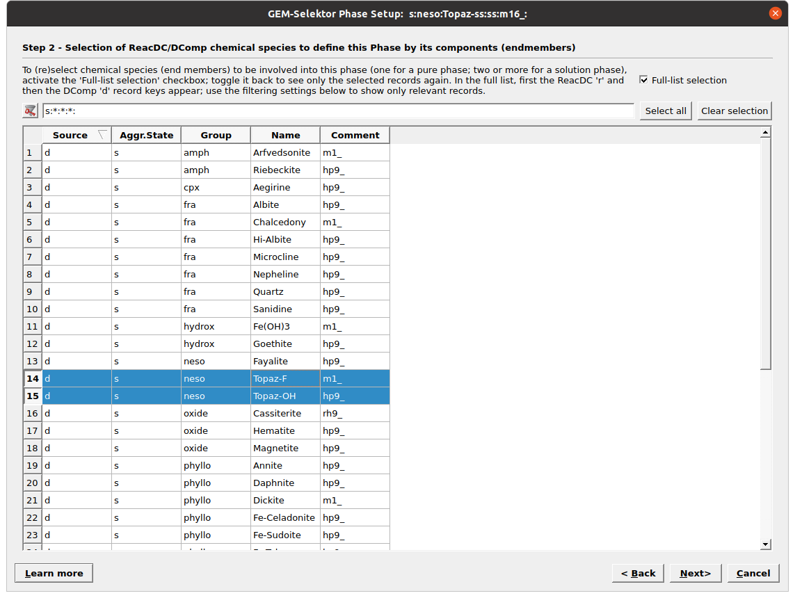 Selection of phase or phase endmembers for solid solutions. For a Topaz solid solution we select the OH and F endmembers. Tick Full-list selection to see the list of available records.