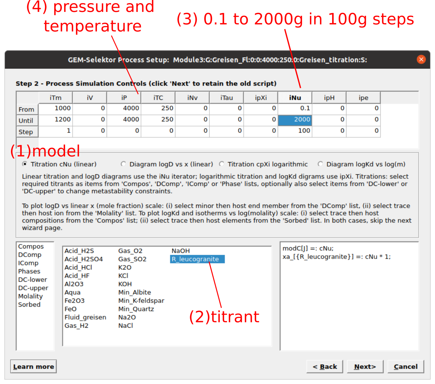 Input parameters for a titration model of a rock (R\_leucogranite) reacting with a greisenizing fluid (Fluid\_greisen). (1) Select titration mode (Titration cNu linear), (2) titrant, (3) amount of rock to add, and (4) P-T conditions.