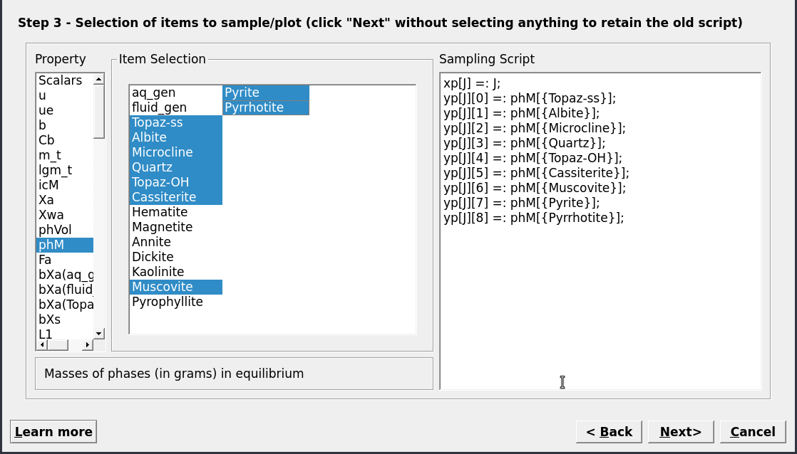 Choose the results to be plotted. Here we choose the mass minerals (in gram) using phM. Note that you can already select cNu for the x-axis, by switching to scalar and righ-clicking on cNu, then select abscissa.