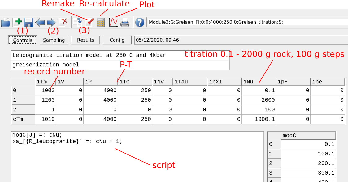 `Controls` tab showing the parameters to set up a `Process` simulation for a titration model at 250 °C and 4kbar. Before plotting your results, (1) check you calculation control (P-T-x) script, then (2) switch the tab to `Sampling` and choose cNu for extent of reaction (amount of rock added) for the x-axis, (3) Re-calculate (numerical results can be viewed in the `Results` tab). To visualize the plot click on the plot symbol on Panel 1. To change model parameters click on Remake.