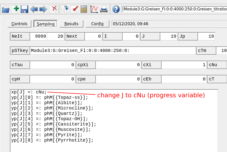 `Sampling` tab showing the script to extract values for the x-y axis. Change here the `xp[J]` variable to cNu, i.e. we assigned this variable to the amount of rock (R\_leucogranite) added to the system at each step. See also the script in the `Controls` window.