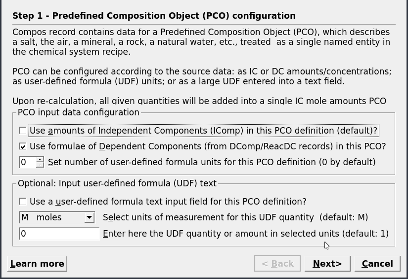 Options for adding chemical components for a PCO. These include   exttt{Independent Components} (e.g. Al, K, Na),     exttt{Dependent Components} (e.g. microcline, quartz, H$_2$O) or user-defined formulae. 