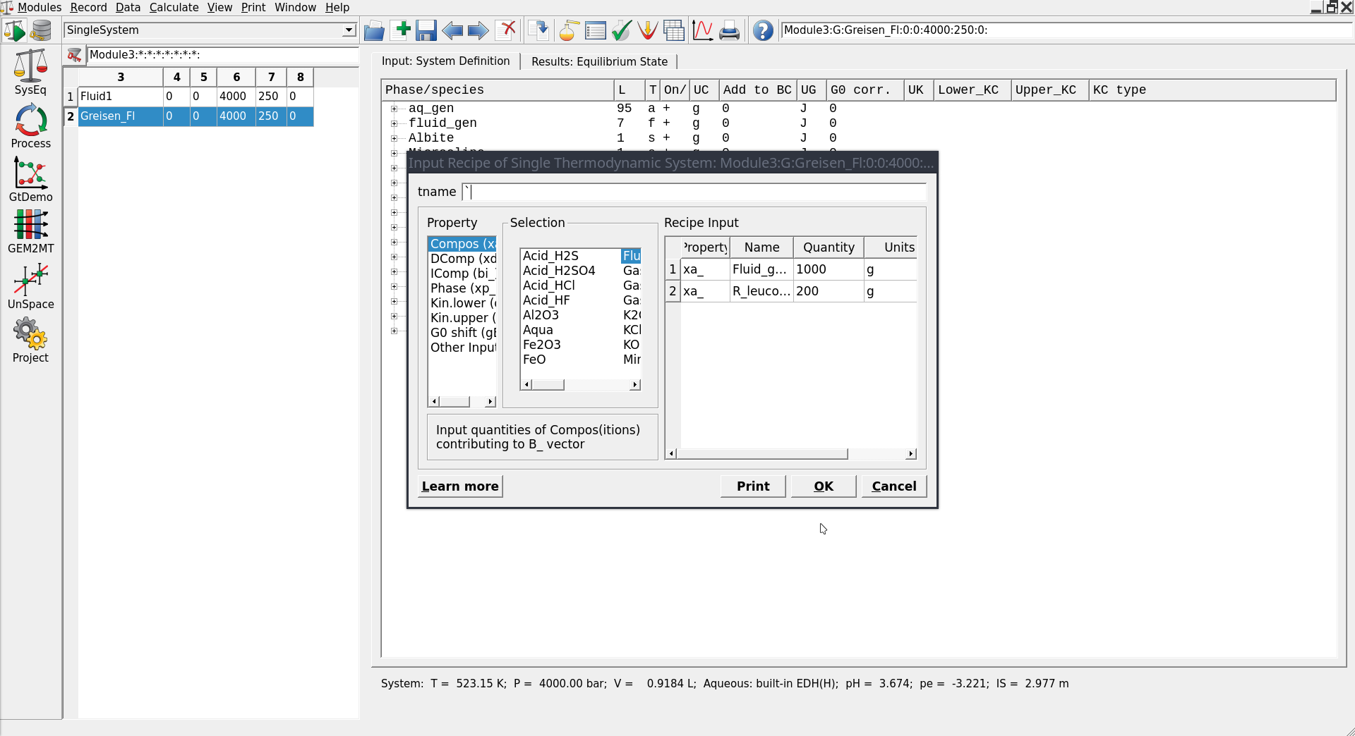 Equilibria Calculation mode with Open Recipe dialog (can be accessed by pressing on the yellow vial in Panel 1) where you can add the amounts of rock and fluid.