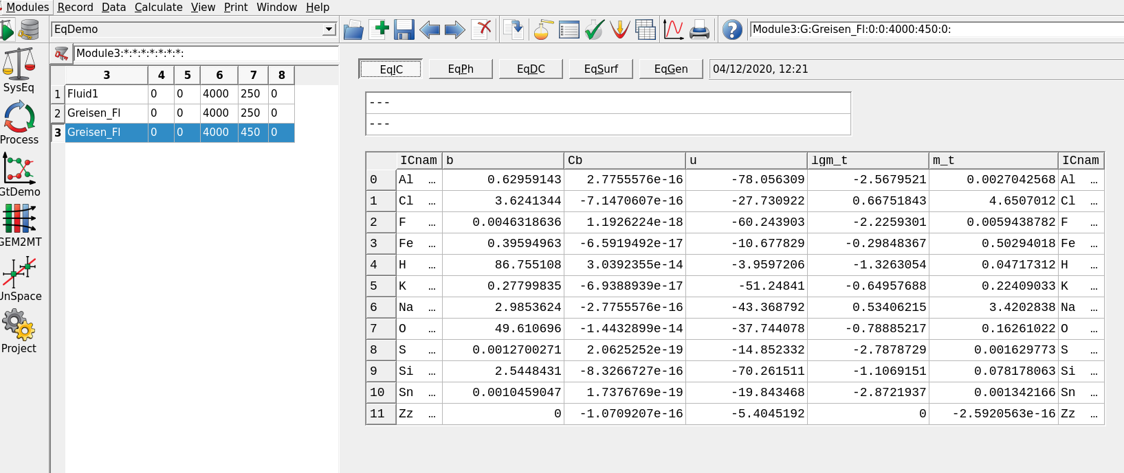 Open EqDemo Window (GEM task results) window: tab EqIC can be used to inspect the total dissolved molality of Sn (m\_t column); EqPh tab gives information on the mass, volume, moles and saturation index (Fa) of cassiterite (SnO2); EqDC tab shows the activities and amounts of Dependent Components, for example Sn chloride aqueous species. The EqGen gives a general overview of pH, pe, ionic strength and gas fugacities (lgFug).