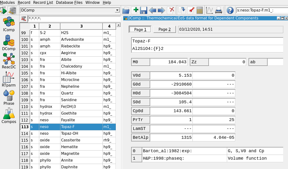 Thermodynamic database mode showing DComp records and input fields for Topaz-F.