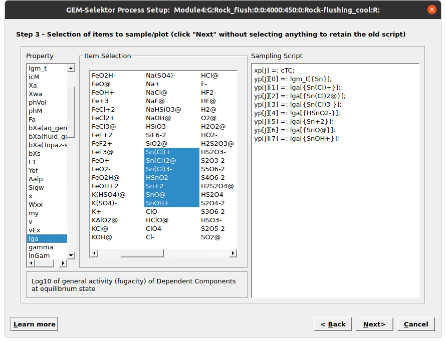 Sampling dialog in the Process wizard for selecting the Sn species to be plotted. Note you can select the x-axis by right clicking on the variable (i.e., cTC) and selecting abscissa.