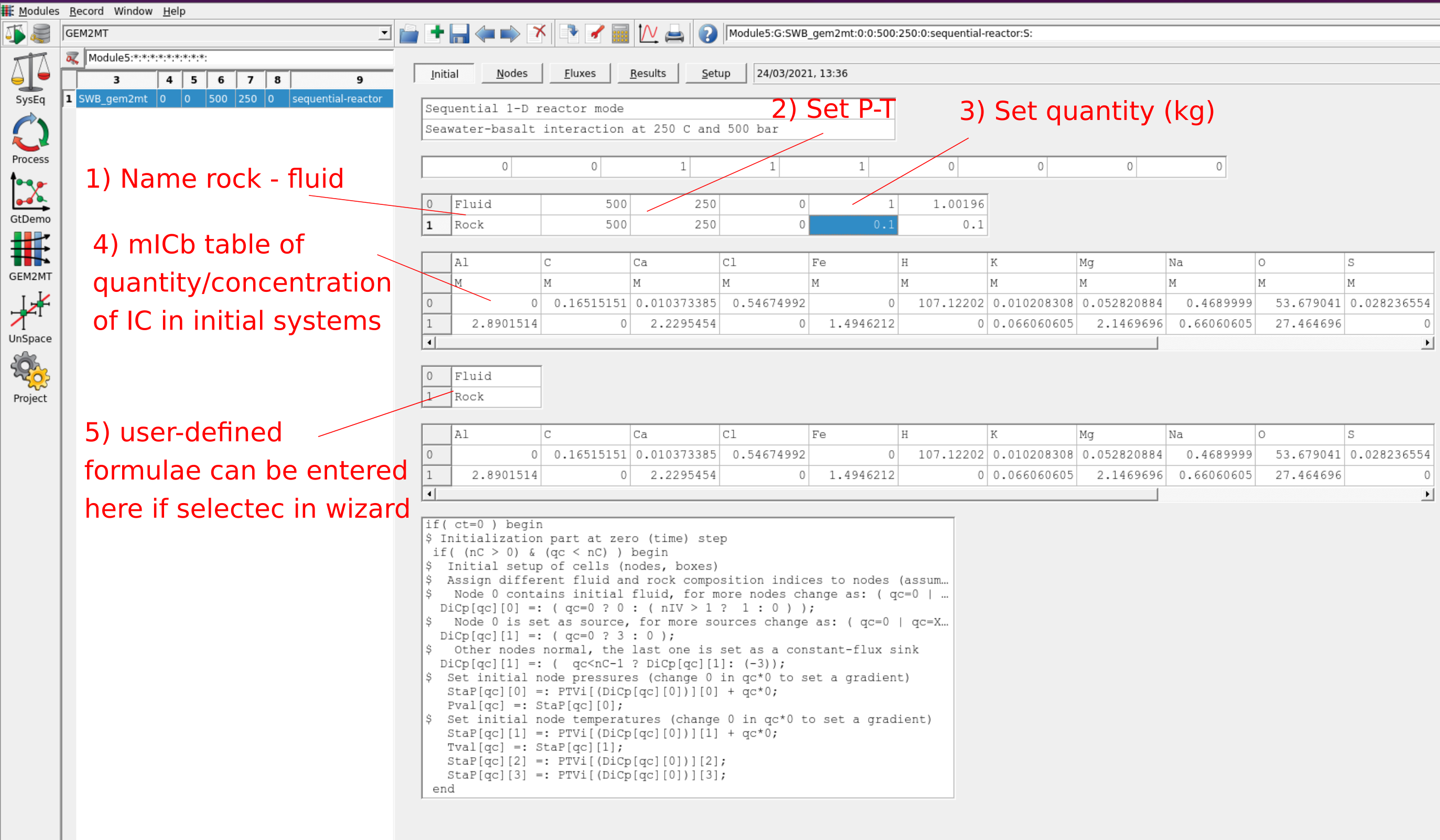 GEM2MT module Initial window page showing the steps to set up 1) the initial name of rock and fluid, 2) pressure and temperature, 3) input quantity of rock and fluid in kg, 4) compositions of rock and fluid (i.e., row index 0 corresponds to the fluid and row index 1 to rock), and 5) input of additional user-defined formulae and units (these fields can be added/selected in the wizard window).