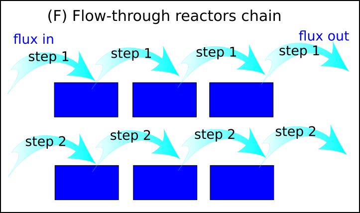 Schematic showing the flow-through reactors chain (F mode). At each step a defined flux of fluid is pumped into the first reactor and the same amount of fluid out of the last reactor. In this simulation mode the same amount of fluid passes simultanously from one reactor to another with a flux/step corresponding to the fluid in/output flux.