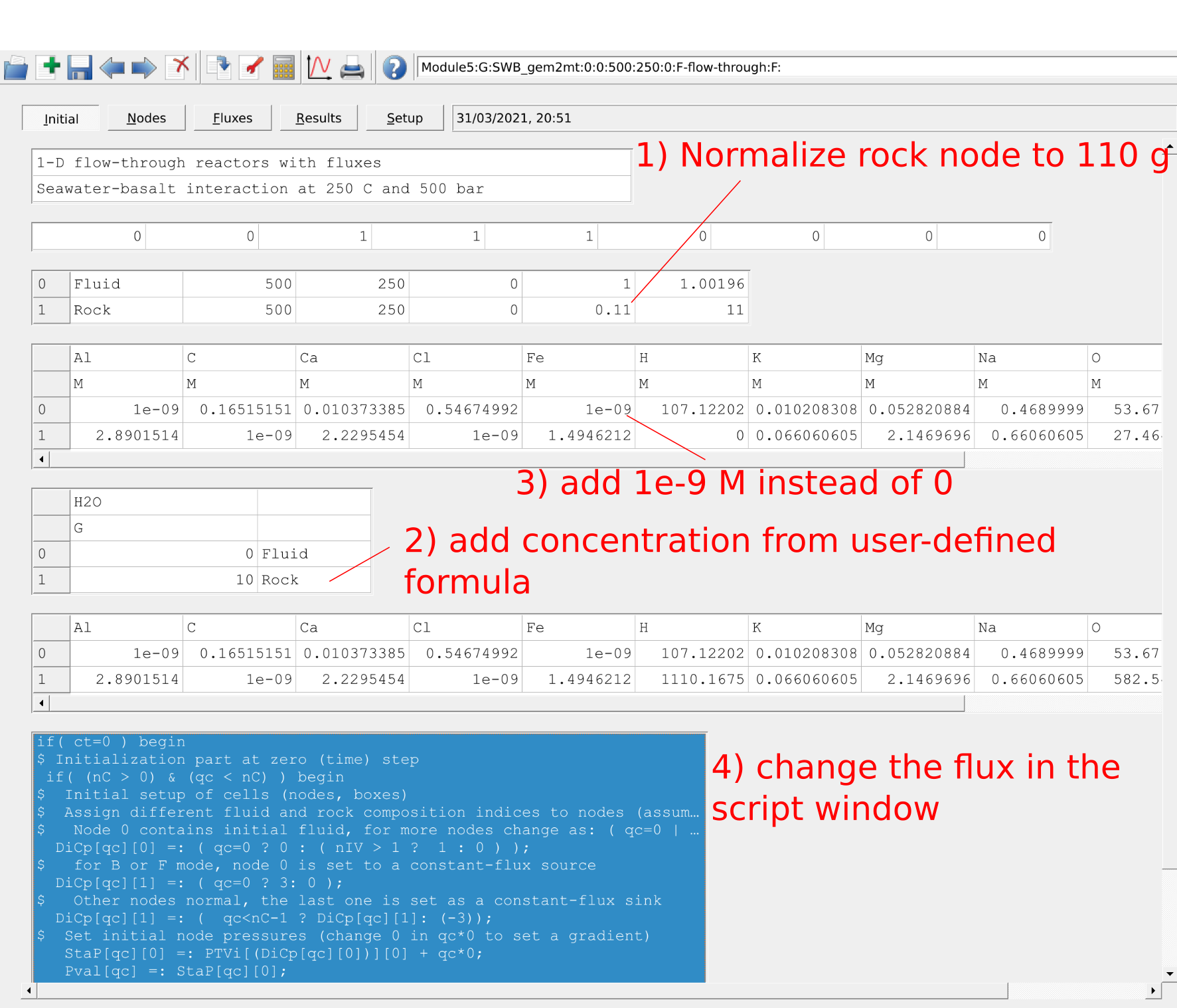 GEM2MT module Initial window page showing the steps to set up the flow-through reactor mode. Note we added 10 kg of H2O (User-defined formula) to the 1 kg of rock, and normalized the input weight of the rock to 0.110 kg (i.e. 100 g of fluid and 10 g of rock). It is also necessary to add all IC elements in the rock and fluids, which is achieved by adding a small arbitrary amount (1e-9 M). The flux can be adjusted in the script window.