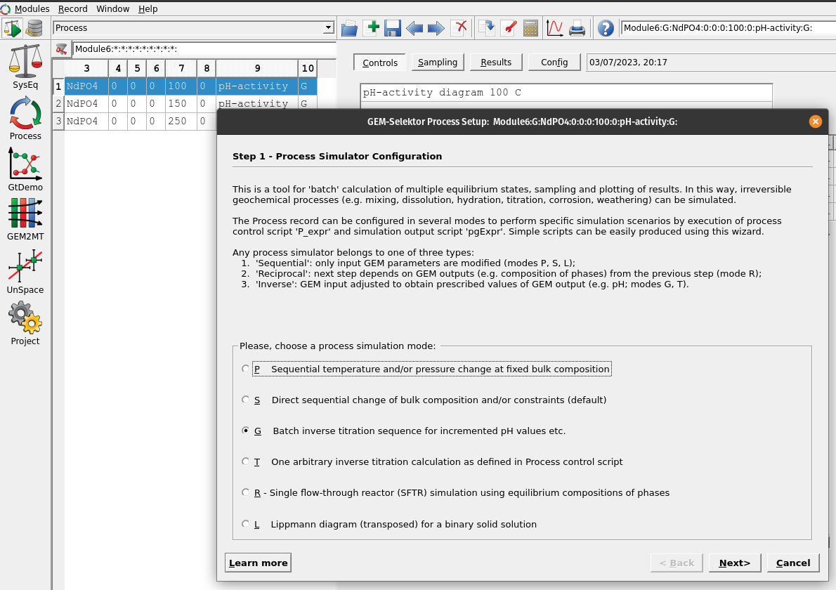 In `Process` we create a new record from scratch and select the `Process simulation code` (G) for inverse titration.