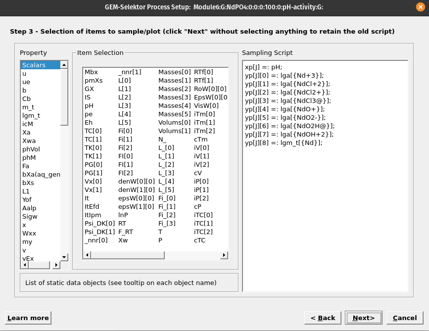 In this wizard step we select the variables to be plotted. pH is found under 'Scalars', log activity of Nd species und 'lga' and total dissolved log molality Nd under 'lgm'. Note to select pH for the x-axis, right click on it first, then select 'Abscissa', then select the variables to plot on the y-axis.
