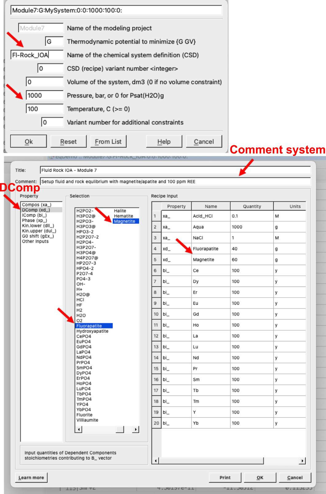 `SysEq` input for a new record and the fluid and rock compositions. This dialog can be reached by clicking on the yellow vial, make sure to select the correct property; for example use `DComp` to select magnetite and apatite then add the quantity and units; select `IComp` for individual REE and choose y for mg (ppm = mg/kg); choose `Compos` for custom records like Acid_HCl, H2O, and NaCl.