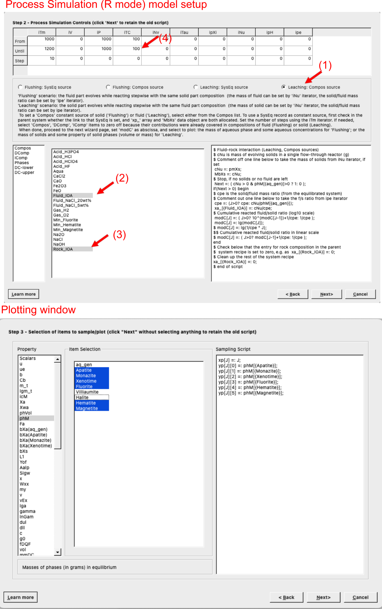 `Process` simulation wizard to setup a mutlipass leaching model. (1) Select `Leaching Compos source`, (2) select the fluid, (3) select the rock, (4) enter the P-T conditions or steps if you want to change pressure-temperature. In the `iTm` iterator, one defines the fluid aliquots, for example for record values from 1000 to 1200 in 10 steps results in a total of 20 fluid aliquots (i.e. the first record will be assigned 1000, the second one 1010, etc.). In the plotting window under `Scalars` one finds `J` which is used for flud aliquots; other variables that can be selected there are for example temperature, pH etc. You can select the `Property` in the left panel, here we choose `phM` which is phase mass in grams.