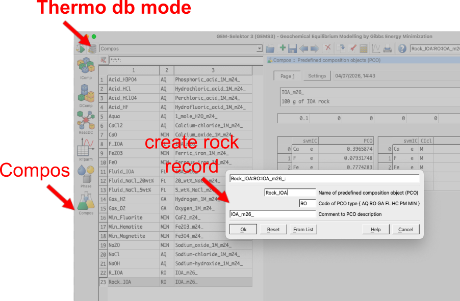 `Compos` input for adding a new rock or flud record in `Thermodynamic database mode`. This dialog can be reached by clicking on `Compos` module on the left panel.