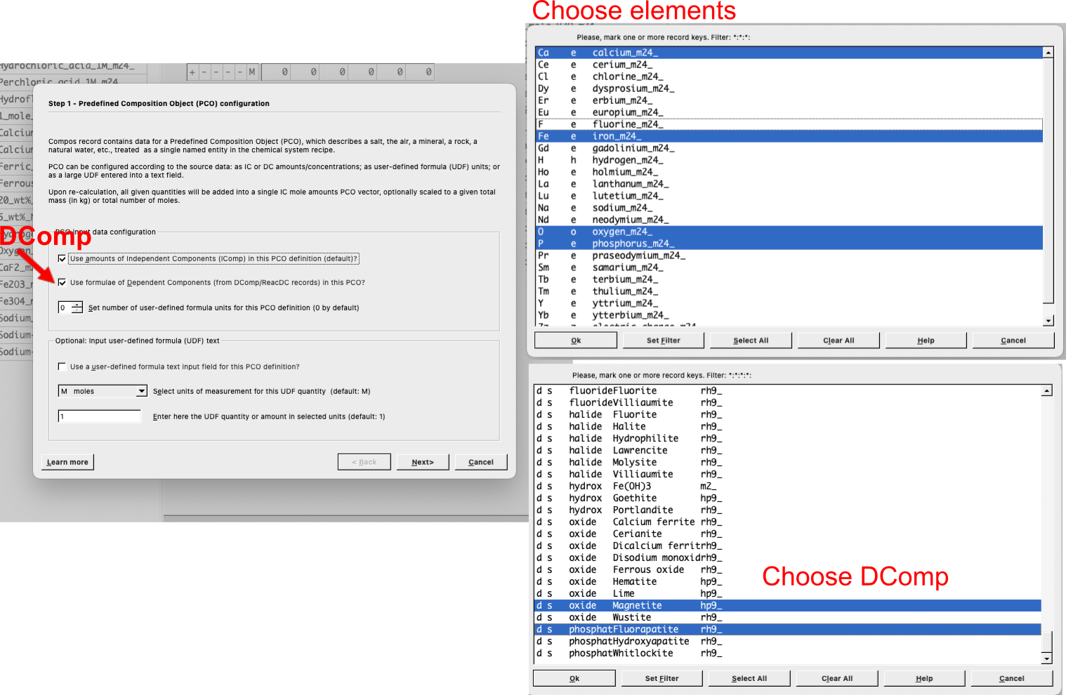`Compos`record wizard. Choose `DComp` if you want to add a dependent component (compound like a mineral) as input recipt; choose `IComp` if you want to add individual elements `IComp` as inputs (this can always be ticked just make sure to enter zeros if you don't want it to be taken into account in your input recipt); choose the number of user defined formula if you want to enter your own formula (e.g. SiO2, HCl, etc.). The next window is self explanatory, just make sure to select `DComp` or `IComp` as needed.