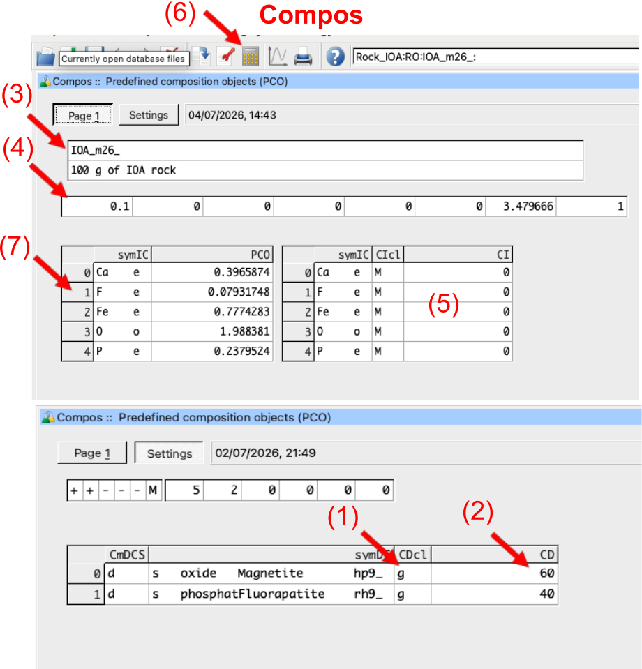 `Compos`record. Start with the Settings tab to input your `DComp` or user-defined formula for your minerals or fluid compounds and add the units (1-2). In the `Page 1` tab follow the sequence: (3) enter record information; (4) enter the normalization mass (i.e., 0.1 kg); (5) make sure the `IComp` values are zero unless additional elements need to be added to the recipe; (6) click the `re-calculate` button to check the total composition shown in window (7).