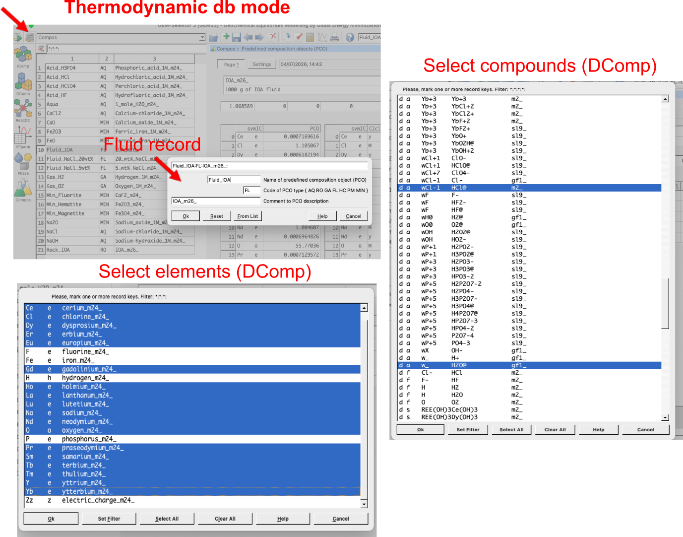 `Compos`record wizard used to create the IOA fluid. Make sure to select `DComp` in the first window to see the selected compounds for the fluid (i.e. HCl@, NaCl@, H2O@, O2@). 
