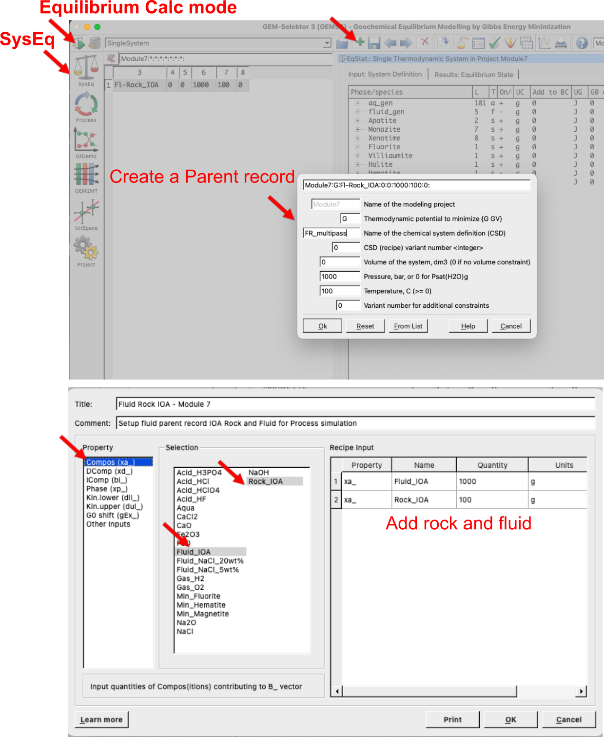 `Equilibrium Calculation` mode (`SysEq`) showing how to create a parent record in preparation forthe multipass leaching model, and where to enter the rock and fluid PCOs created in the previous step. The resulting record is called `FR_multipass` and is calculated at 100 &deg;C and 1000 bar. Note the initial fluid/rock ratio and amount of fluid given here will be used in the `Process` simulation; for advanced users it can also be changed in the `Process` simulation code later on. Make sure to always add a comment and title for each `SysEq` record created, it will help you to keep track of your records.