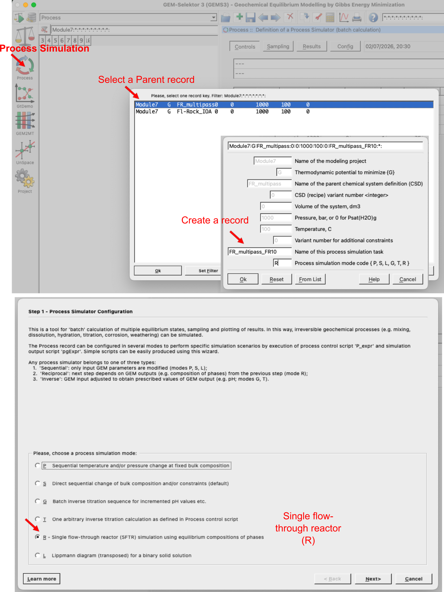 `Process` simulation mode showing how to create a new record from scratch and select the `Process simulation code` (R) for multipass leaching model. The resulting record is called `FR_multipass_FR10`.