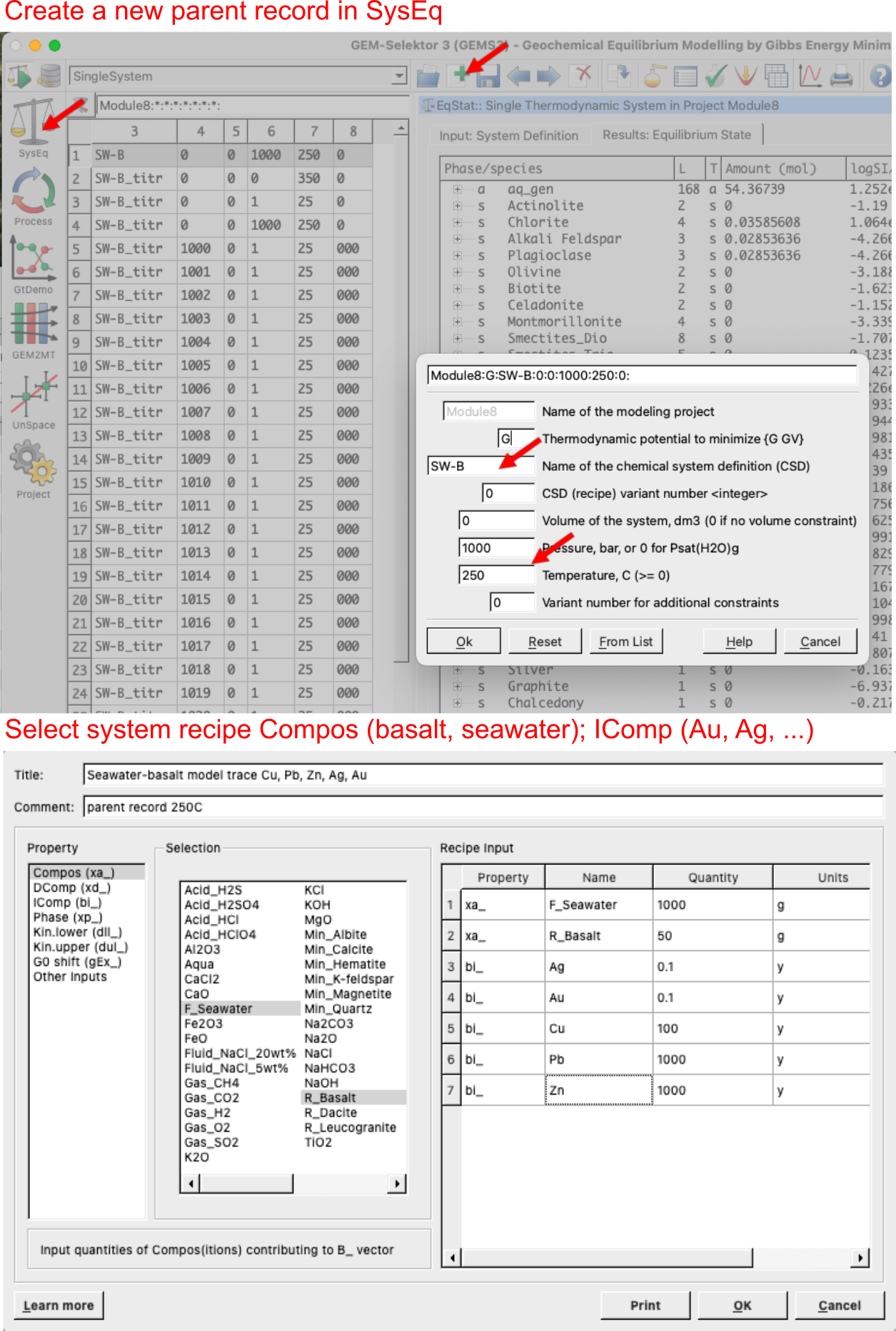 `SysEq` window showing how to create a new parent record. Select basalt and seawater from the MINES thermodynamic database, listed under `Compos`, and select base and precious metals under `IComp` and add the respective concentrations.