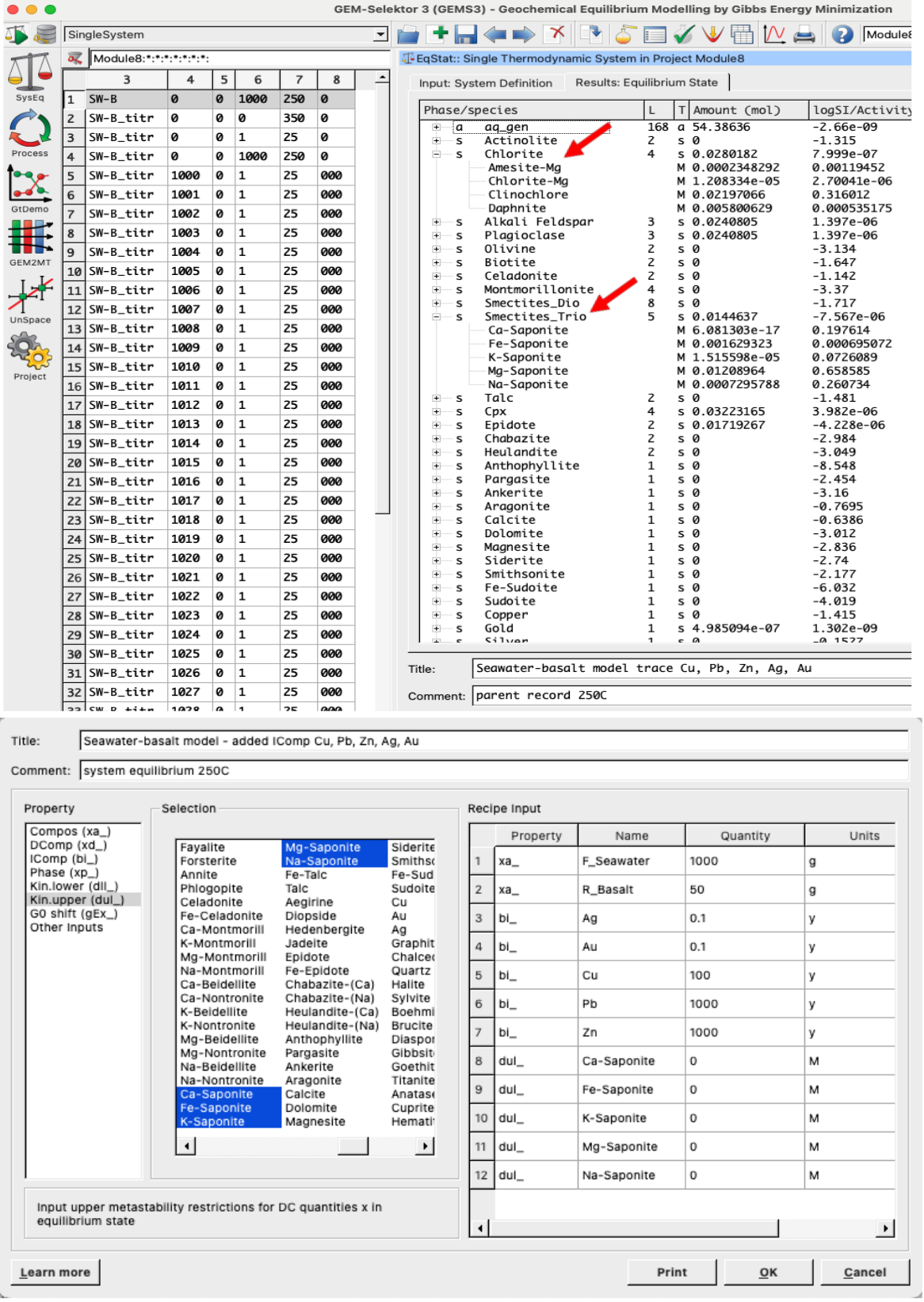`SysEq` window showing the modeling results for basalt alteration minerals (top) and the input recipe window (yellow vial) to add kinetic metastability constrain `Kin.upper(dul_)` for saponite (bottom).