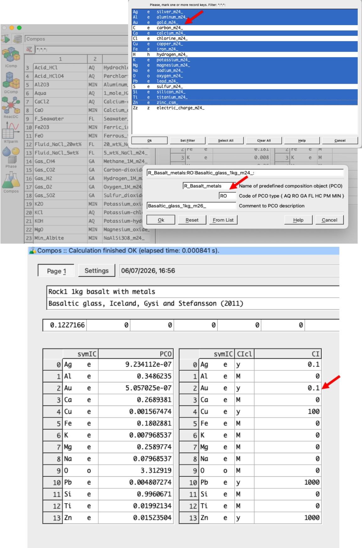  Setup of a PCO in `Compos` in `thermodynamic database mode` showing how to create/clone the basaltic rock and add base and precious metals to its input comosition. Make sure to select the independent components (`IComp`) as shown in the top window, and add the amounts and units in the first tab on `Page 1`. Choose 0.1 ppm Au and Ag, 100 ppm Cu, and 1000 ppm Pb and Zn.