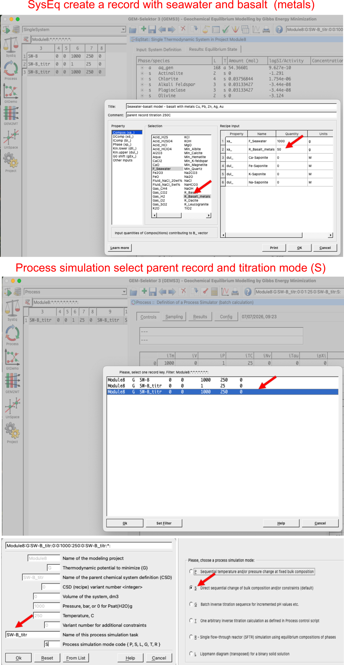 Top shows the parent record created in `SysEq` with seawater and basalt added. The bottom window shows the selection of this parent record when creating a new record in the `Process simulation` mode for the titration model (`S mode`).