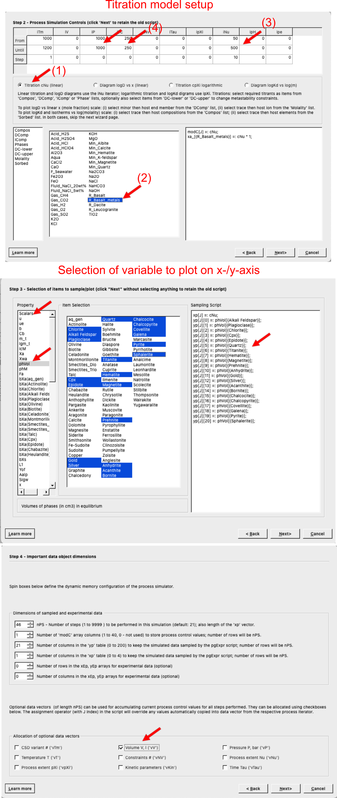 (Step 2) Titration model setup in `S mode` in the `Process simulation` mode. Make sure to (1) select the correct model, (2) select the titrant, here we use basalt, (3) select the initial, final and steps of basalt to be added, (4) add the correct pressure and temperature (here we use a constant P-T, but steps and gradients can be scripted). (Step 3) Variables to be selected for plotting, here we choose first `Scalars`, right click and choose abscissa for cNu which is grams rock added, then switch to `phVol` to select phase volumes in cm3. (step 4) Tick `Volume V, I ('vV')` for allocating an optional data vectors 