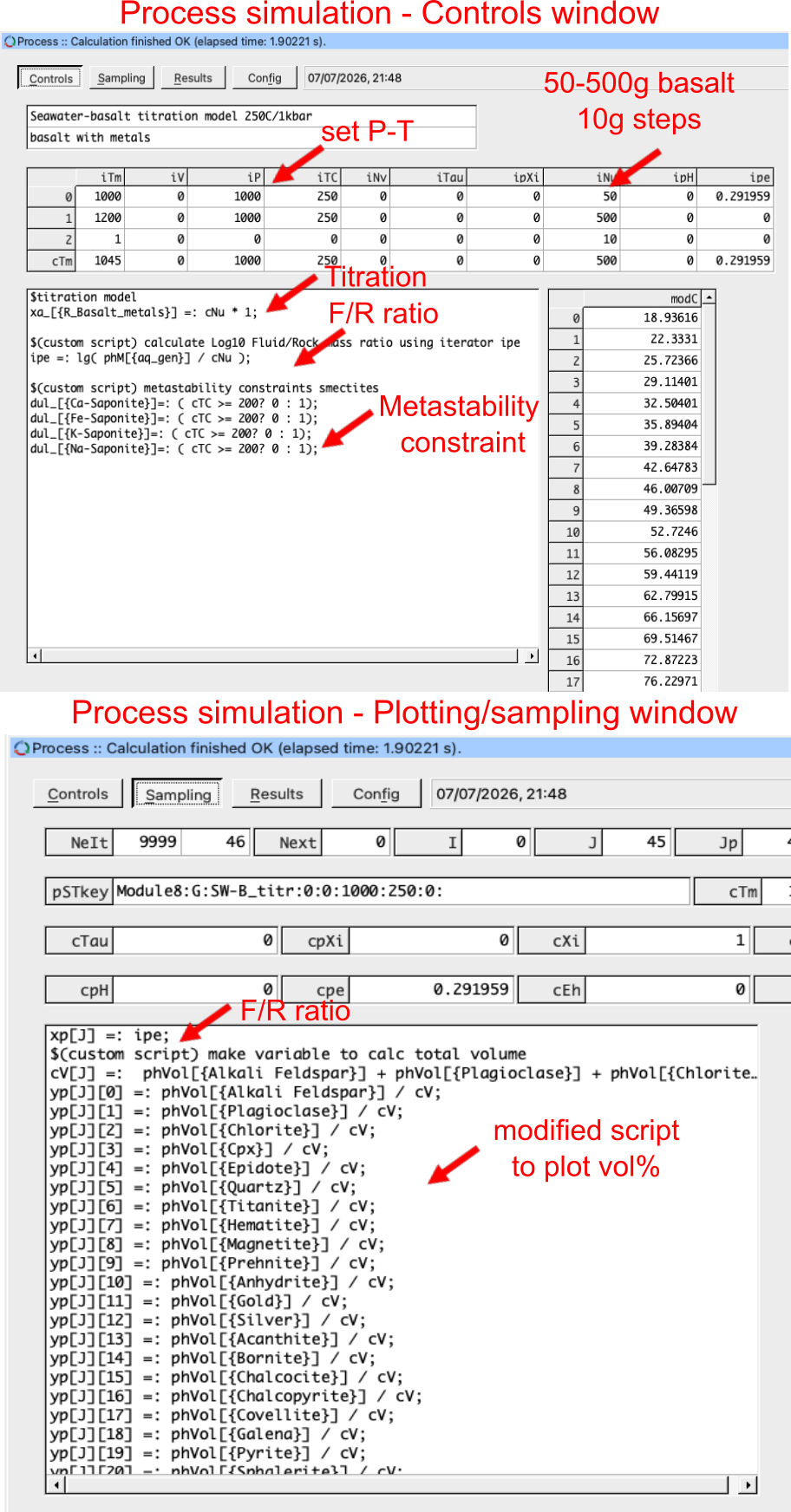 `Process simulation mode` with `Controls` window used for the titration script setup and the `Sampling` script to plot up variables. Here we use a custom script which can be copy-pasted from the text into your script windows.