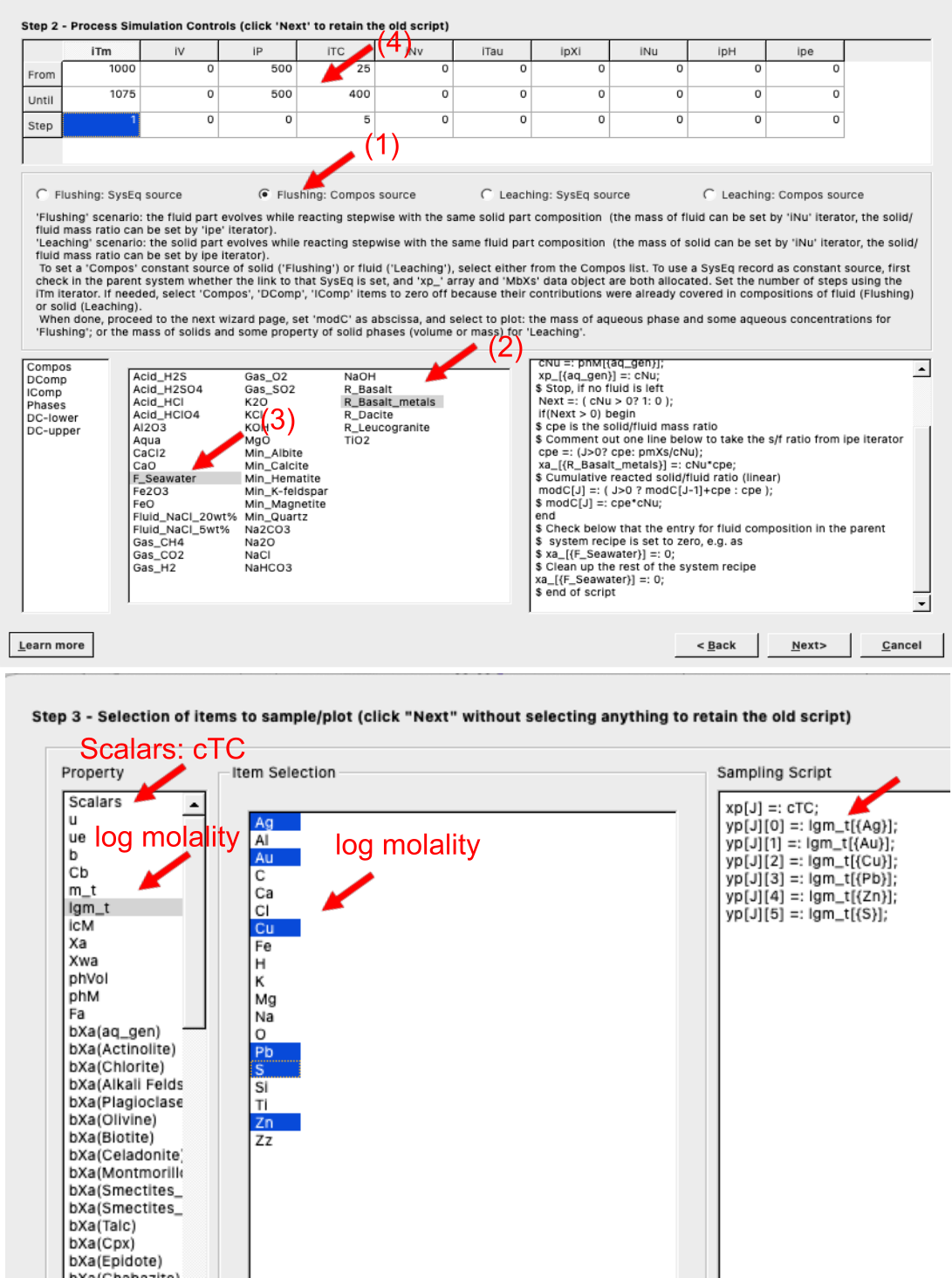  (Step 2) Setup of singlepass flushing and heating model (`R mode`): (1) select flushing, (2) select the basalt, (3) seawater, (4) a temperature increase from 25 to 400 &deg;C at 500 bar. (Step 3) Select the log molality elements to be plotted under `logm_t`; use temperature for the x-axis under `Scalar`.